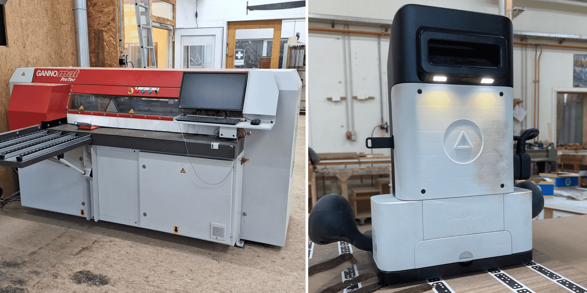 Links eine Gannomat ProTec Maschine f&uuml;r pr&auml;zise Holzbearbeitung, rechts eine Shaper Origin Fr&auml;smaschine im Einsatz in einer Tischlerei-Werkstatt.