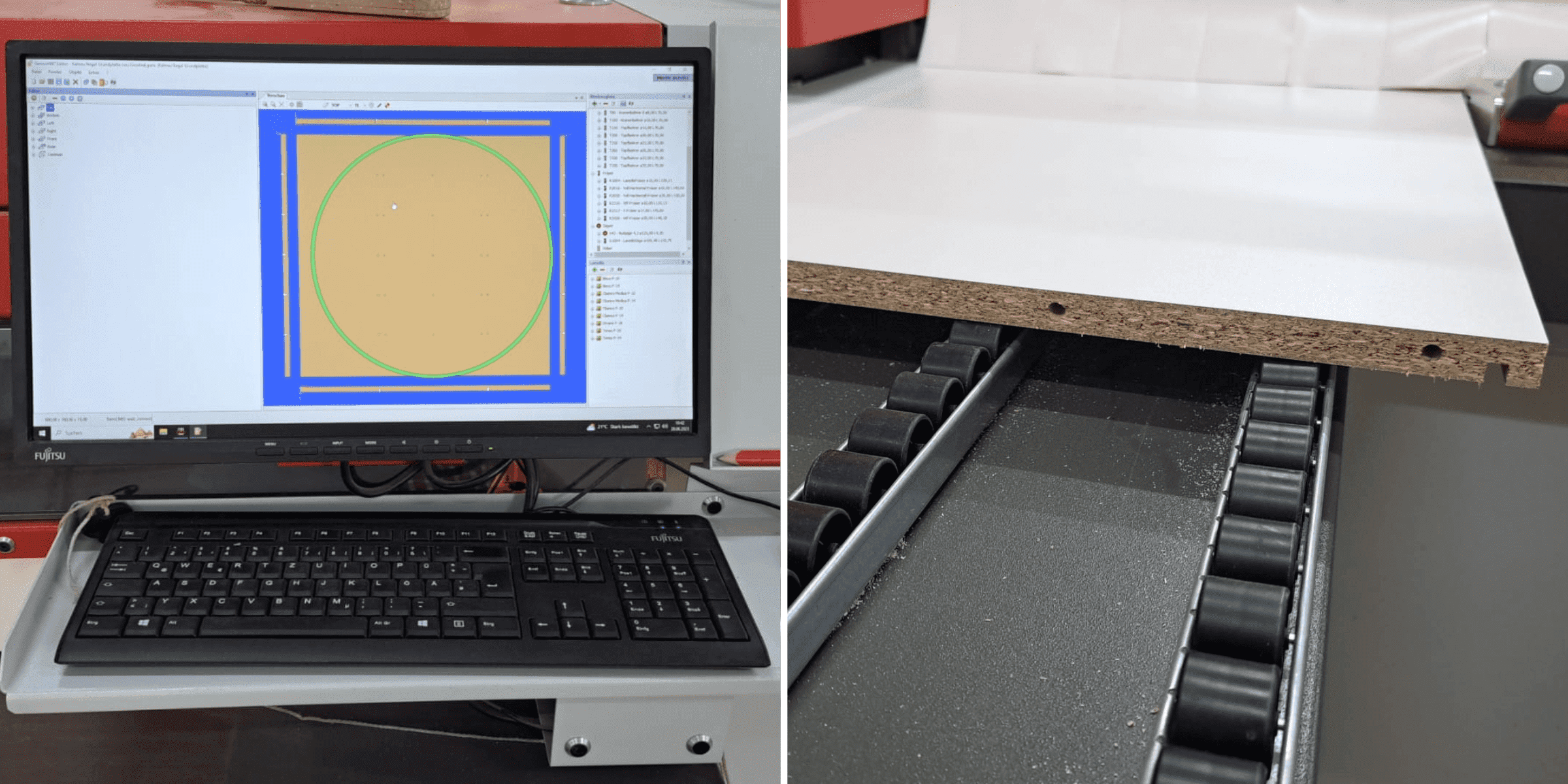 Computerunterst&uuml;tzte Holzbearbeitung mit CNC-Technologie &ndash; links ein Bildschirm mit Fr&auml;sdesign, rechts eine fertig bearbeitete Spanplatte auf einer F&ouml;rderanlage.